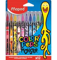 Фломастеры с заблокированным пишущим узлом, MAPED COLOR′PEPS MONSTER, средний пишущий узел, смываемые, декорированные, в картонном футляре, 12 цветов