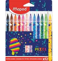 Фломастеры с заблокированным пишущим узлом, MAPED PIXEL PARTY, суперсмываемые, декорированные, 12 цветов, в картонной коробке с подвесом