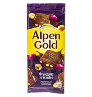 Шоколад Alpen Gold плитка молочн. с фунд и изюмом, 85г