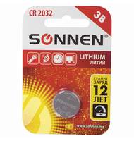 Батарейка SONNEN Lithium, CR2032, литиевая, 1 шт, в блистере