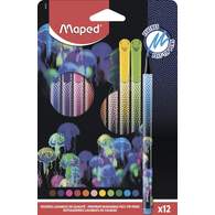 Фломастеры с заблокированным пишущим узлом, MAPED DEEPSEA PARADISE, декорированные, средний пишущий узел, смываемые, 12 цветов, в картонной коробке с подвесом