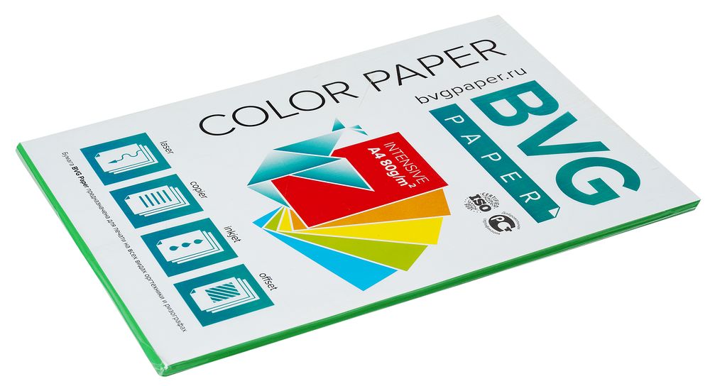 Бумага цветная BVG, А4, 80г, 50л/уп, зеленая, интенсив