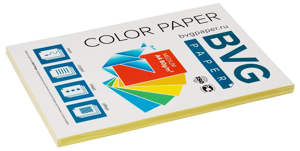 Бумага цветная BVG, А4, 80г, 100л/уп, желтая, медиум