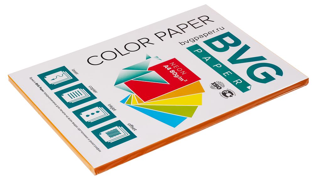 Бумага цветная BVG, А4, 80г, 100л/уп, оранжевый, неон