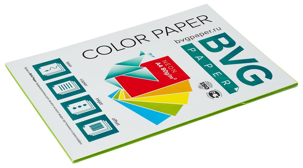Бумага цветная BVG, А4, 80г, 50л/уп, зеленый, неон