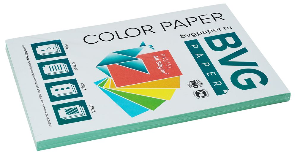 Бумага цветная BVG, А4, 80г, 100л/уп, зелёная, пастель