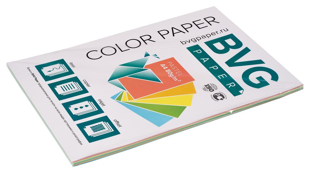 Бумага цветная BVG, А4, 80г, 50л/уп, радуга 5 цветов, пастель