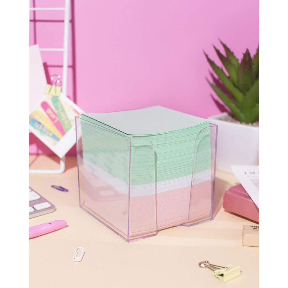 Блок для заметок Attache 9х9х9см, НЕ склейка, цветной, в прозрачном боксе