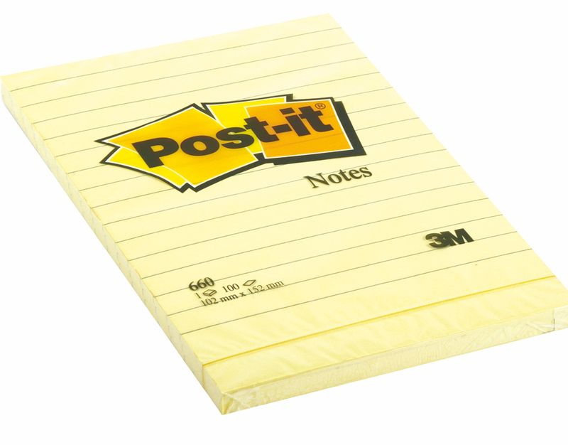 Блокнот клейкий в линейку Post-it, 102х152 мм, канареечный желтый, 100 л