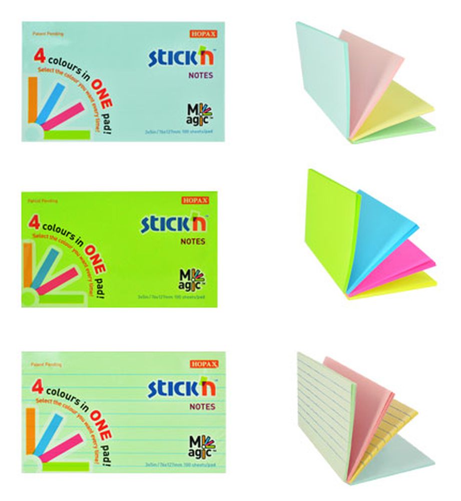 Блок самоклеящийся бумажный Stick’n Magic 21573 76x127мм 100лист. 70г/м2 неон 4цв.в упак.
