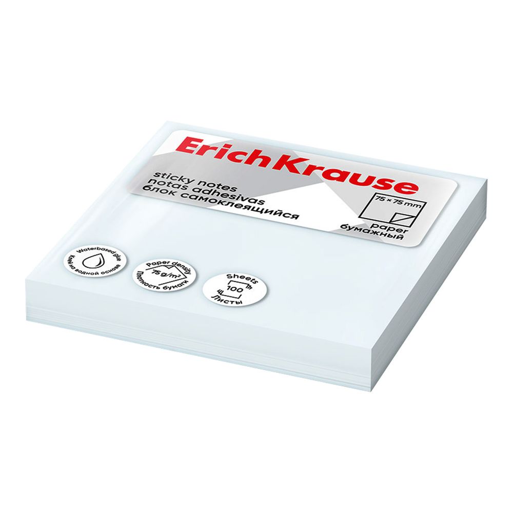 Блок самоклеящийся бумажный ErichKrause 75х75 мм, 100 листов, белый