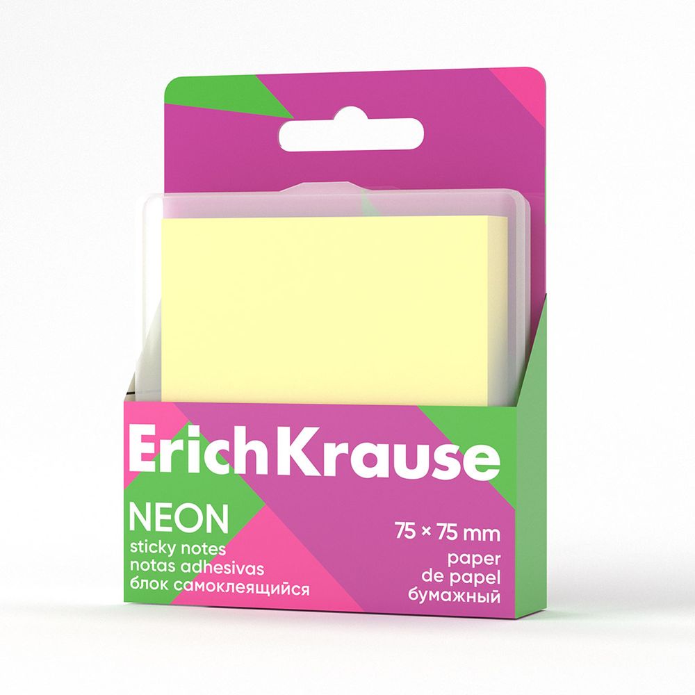 Блок самоклеящийся бумажный  ErichKrause Neon, 75х75 мм, 80 листов, желтый (в пластиковой коробке)