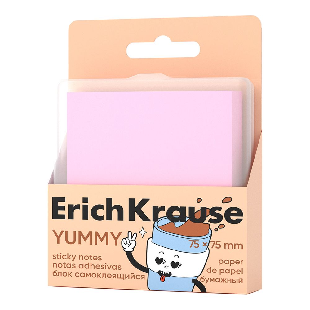 Блок самоклеящийся бумажный ErichKrause Yummy, 75х75 мм, 80 листов, розовый (в пластиковой коробке)
