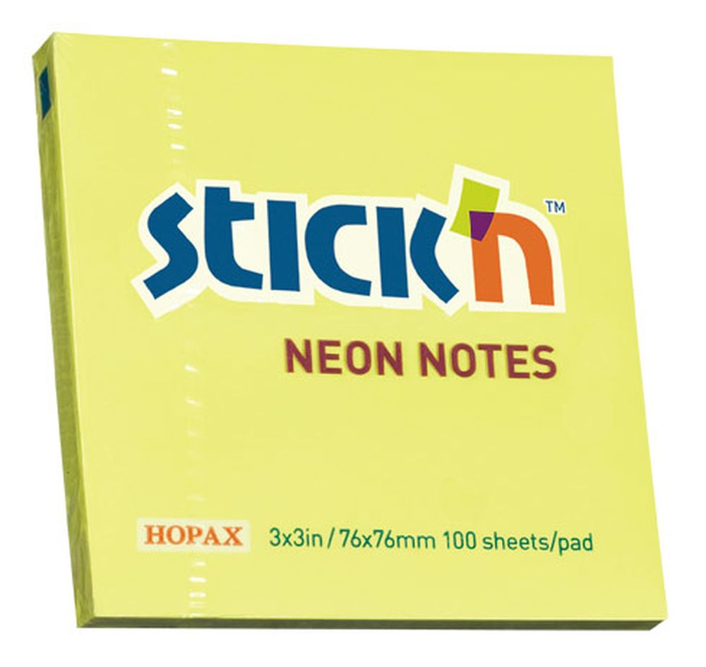 Бумага для заметок с клеевым краем STICK'N HOPAX, 76*76 мм, ярко-желтый, 100 л
