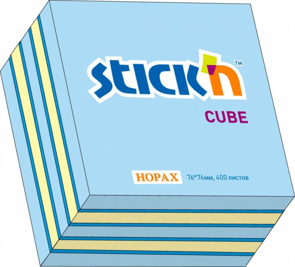 Бумага для заметок с клеевым краем STICK`N HOPAX, 76*76 мм, 3 цвета (синий-желтый-голубой), 400 л