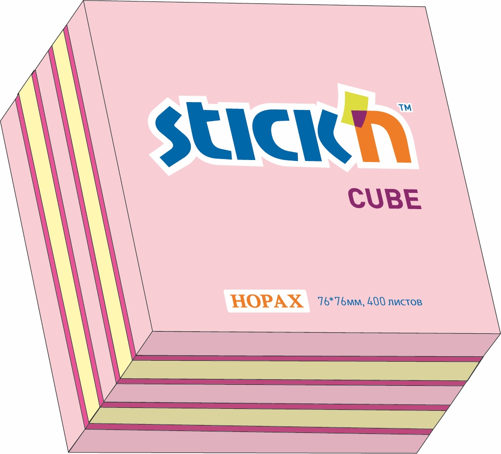 Бумага для заметок с клеевым краем STICK`N HOPAX, 76*76 мм, 3 цвета (малиновый-желтый-розовый), 400 л