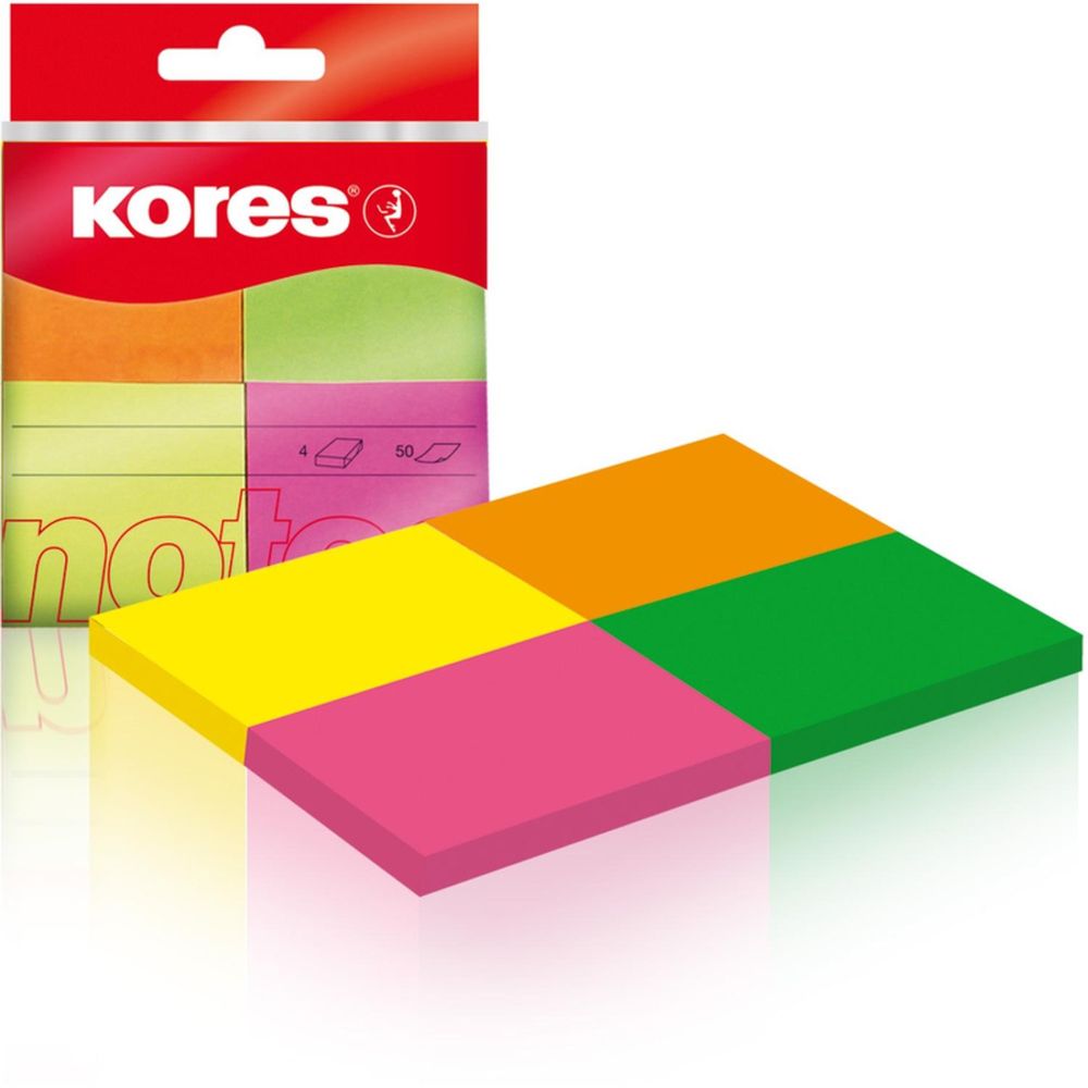 Бумага для заметок с клеевым краем Kores, 40*50 мм, 4 неоновых цвета, 200 л