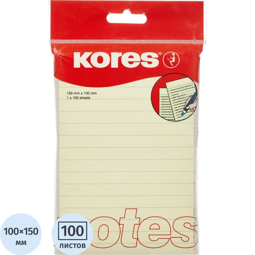 Самоклеящийся блок Kores, 100х150мм, 100л, желтый, линейка `46510