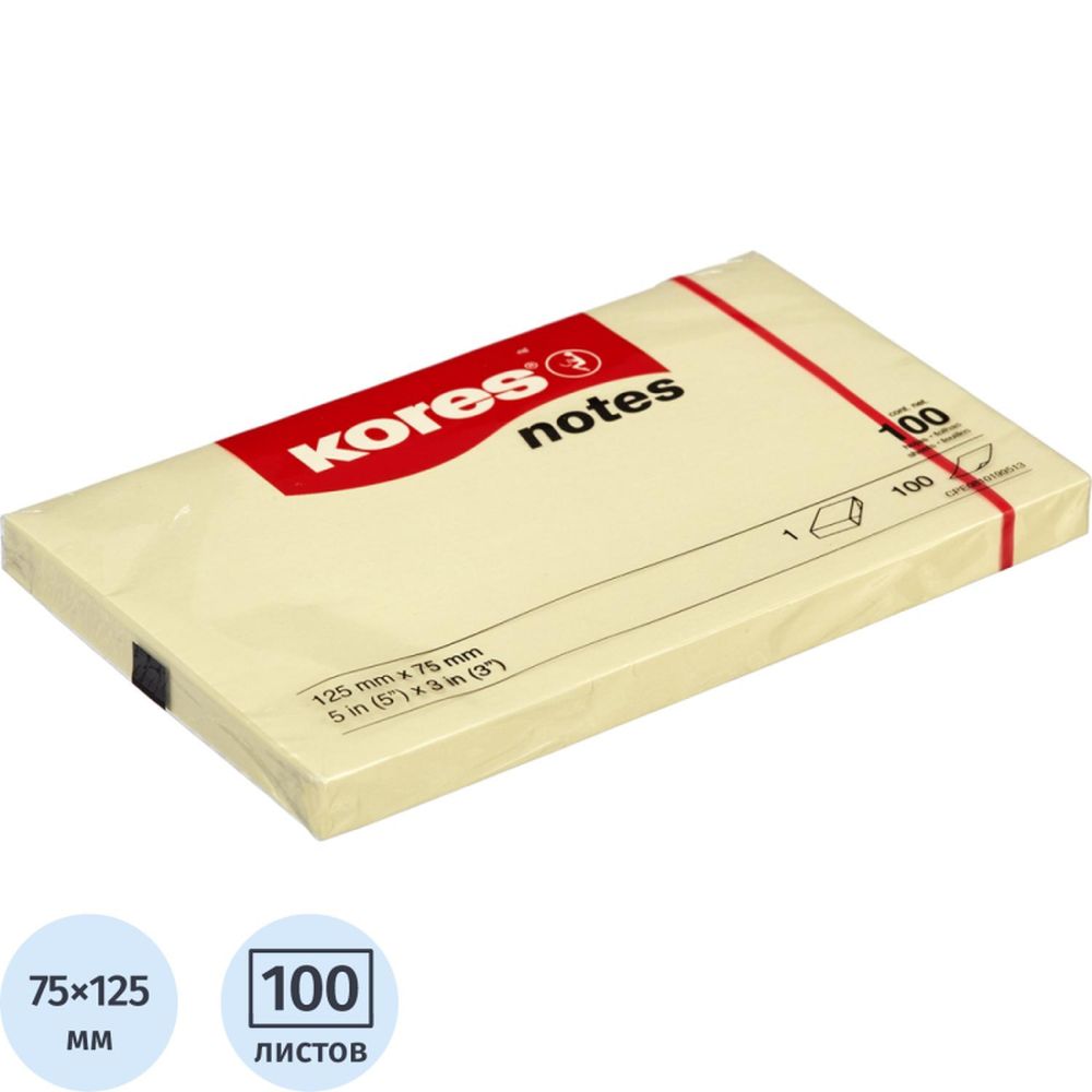 Самоклеящийся блок Kores, 75х125мм, 100л, желтый `46125