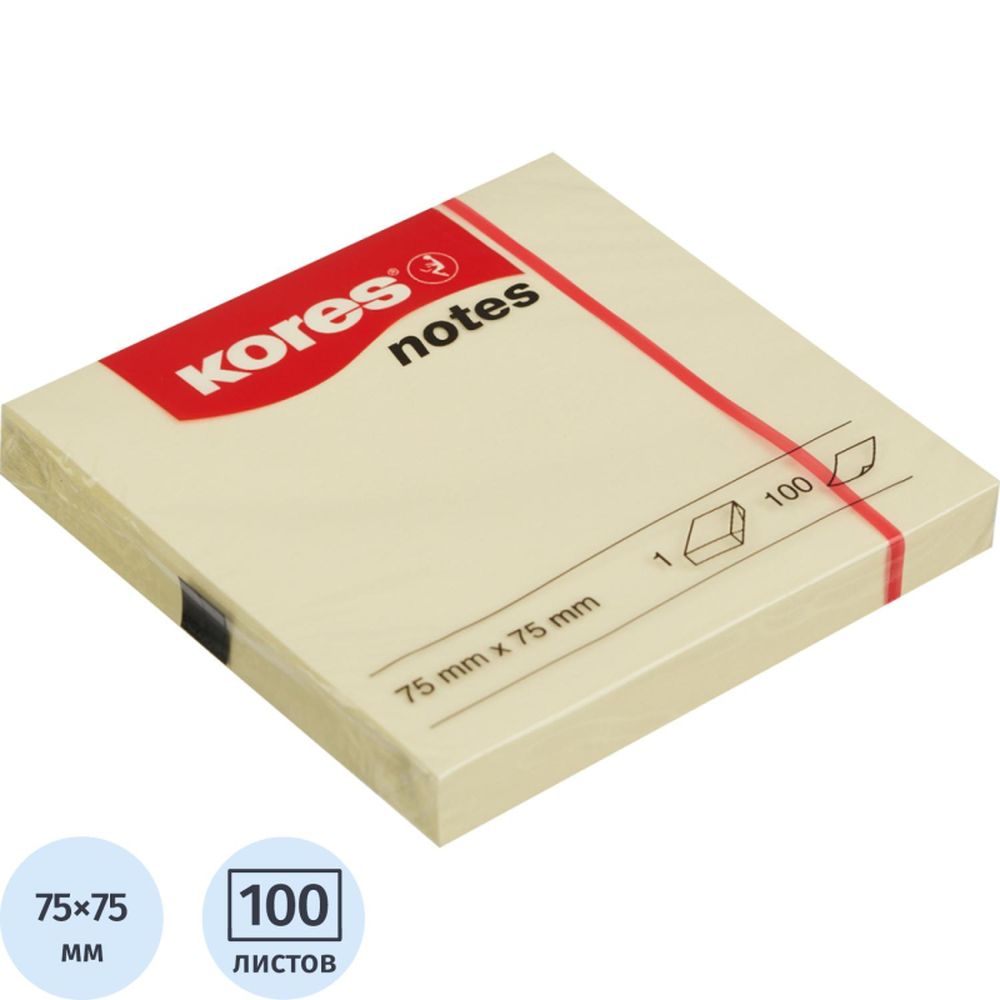Самоклеящийся блок Kores, 75х75мм, 100л, желтый '46075