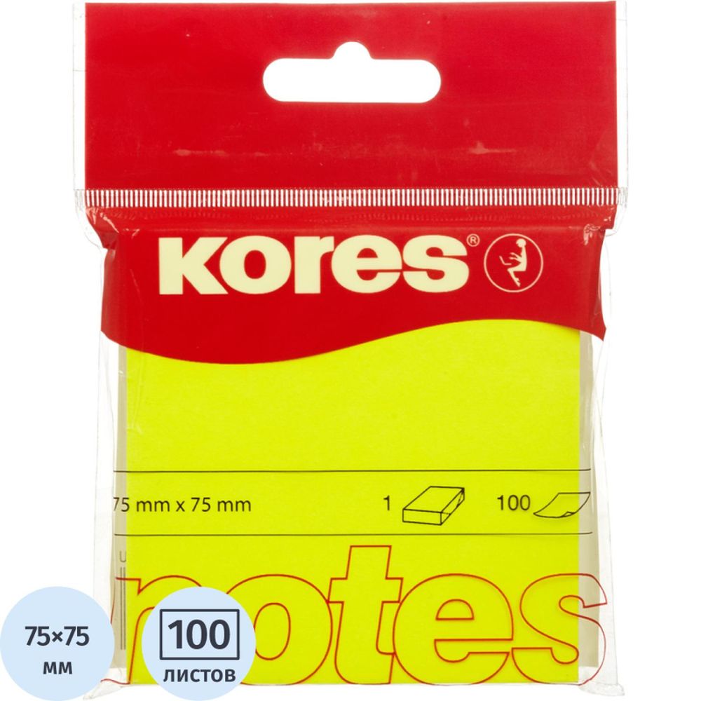 Самоклеящийся блок Kores, 75х75мм, 100л, неон желтый, в блистере `47076