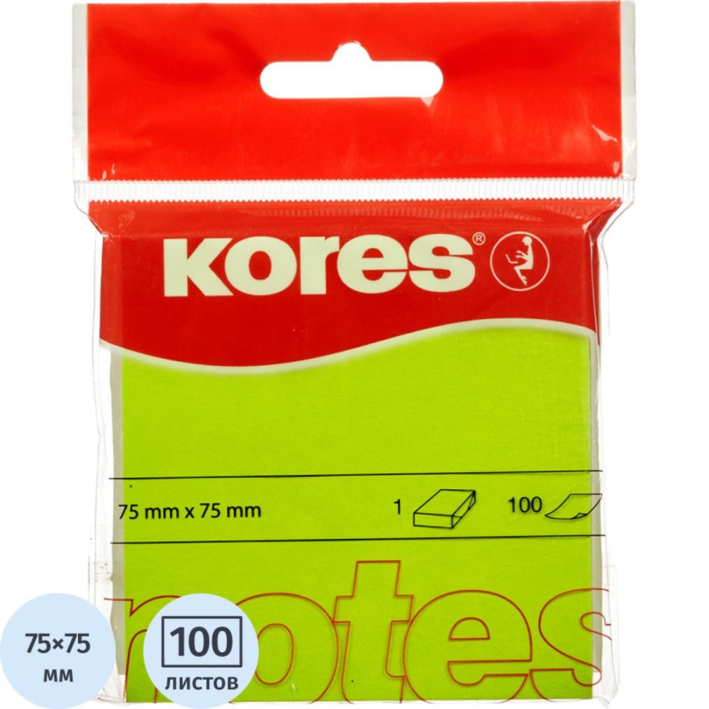 Самоклеящийся блок Kores, 75х75мм, 100л, неон зеленый, в блистере '47077