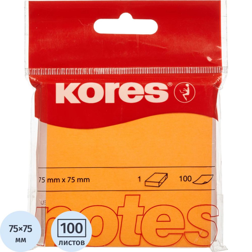 Самоклеящийся блок Kores, 75х75мм, 100л, неон оранжевый, в блистере '47074