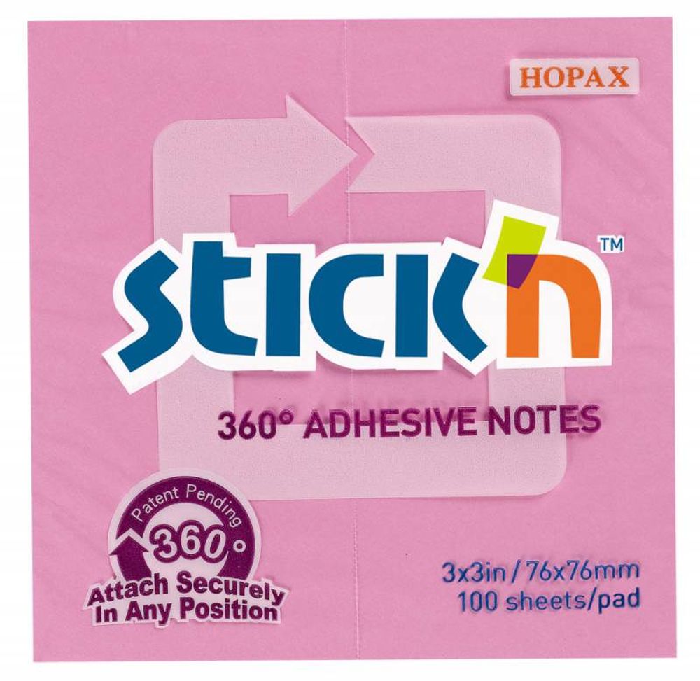 Самоклеящийся  блок 76х76мм, 100л, клей по периметру, розовый, STICK'N, HOPAX