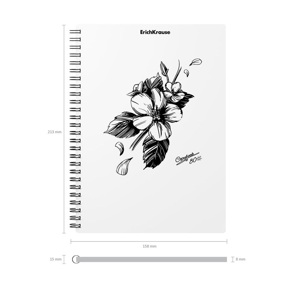 Тетрадь общая с пластиковой обложкой на спирали ErichKrause Blossom, Black and White, А5, 80 листов, клетка