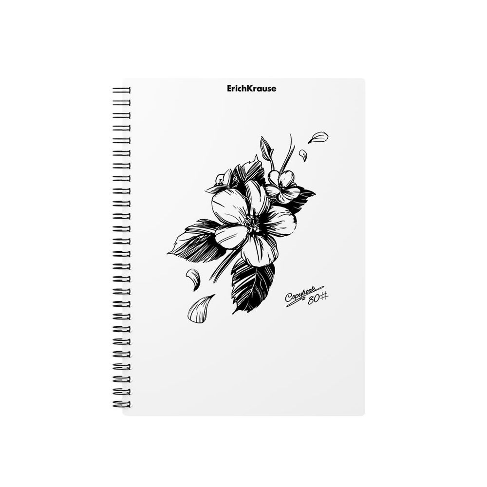 Тетрадь общая с пластиковой обложкой на спирали ErichKrause Blossom, Black and White, А5, 80 листов, клетка