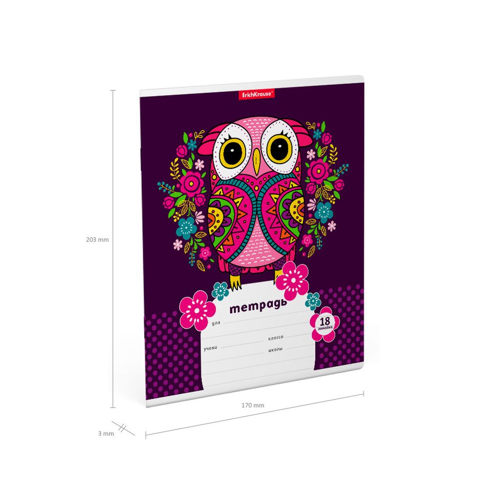 Тетрадь школьная ученическая ErichKrause Flower Owl, 18 листов, линейка 