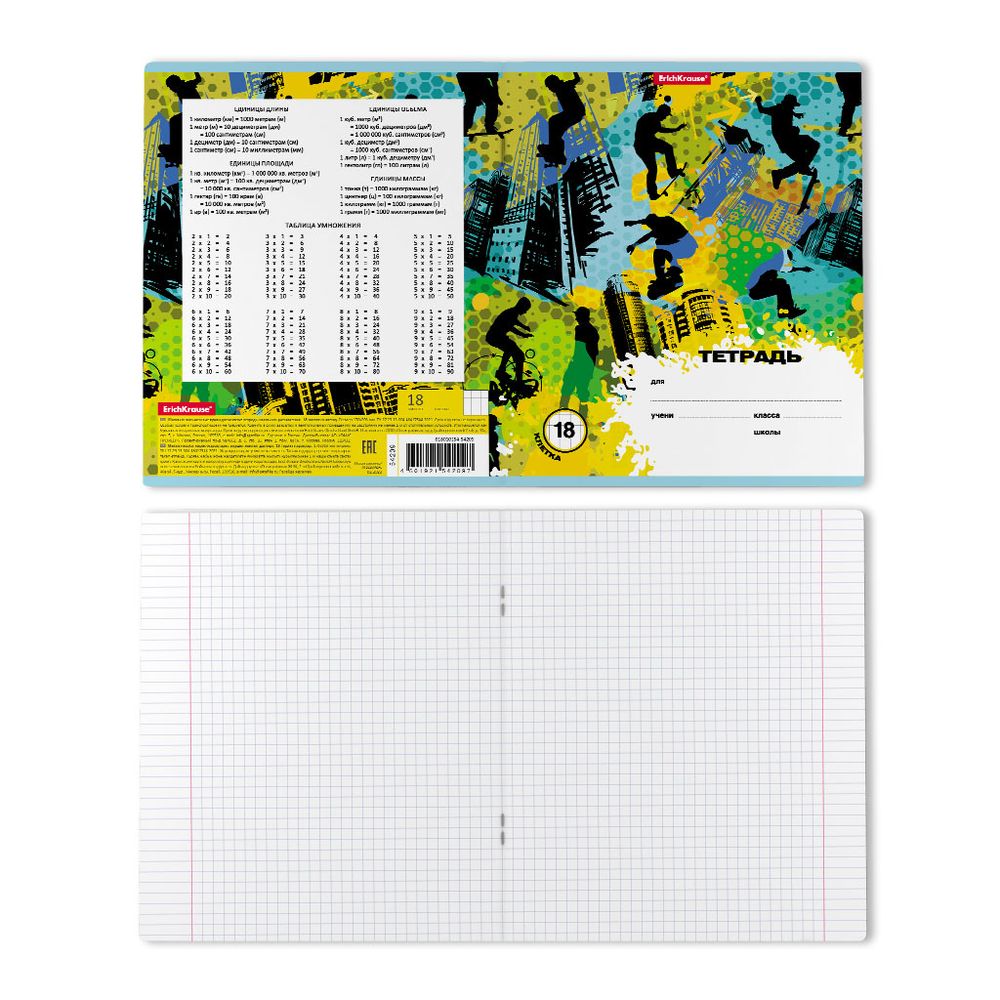Тетрадь школьная ученическая ErichKrause Skateboarder, 18 листов, клетка 