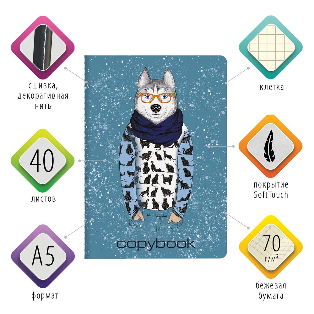 Тетрадь 40 л. в клетку обложка SoftTouch, бежевая бумага 70 г/м2, сшивка, А5 (147х210 мм), ВОЛК В ОЧКАХ, BRAUBERG