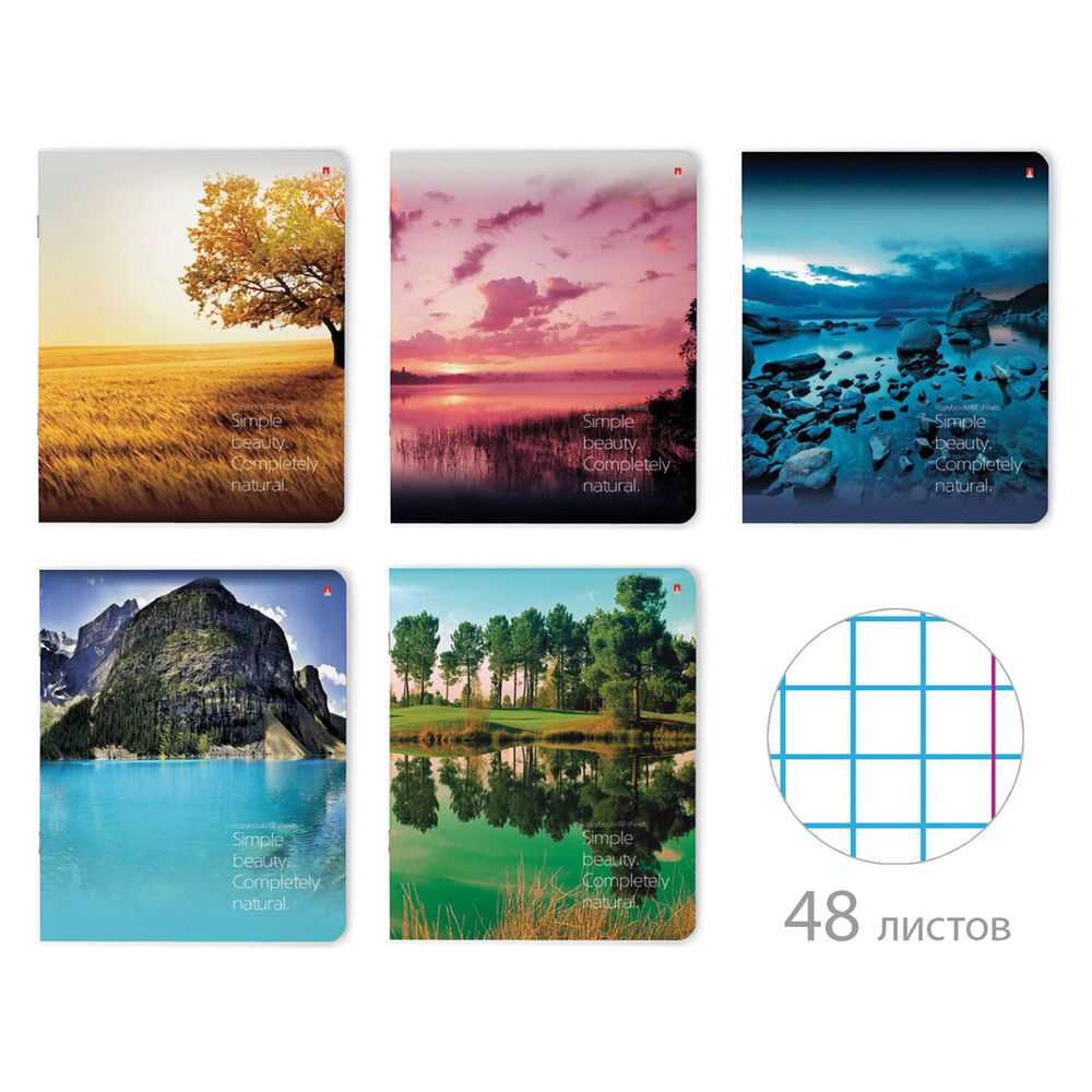 Тетрадь А5 48 л. АЛЬТ скоба, клетка, глянцевый лак, "Пейзажи" (5 видов)