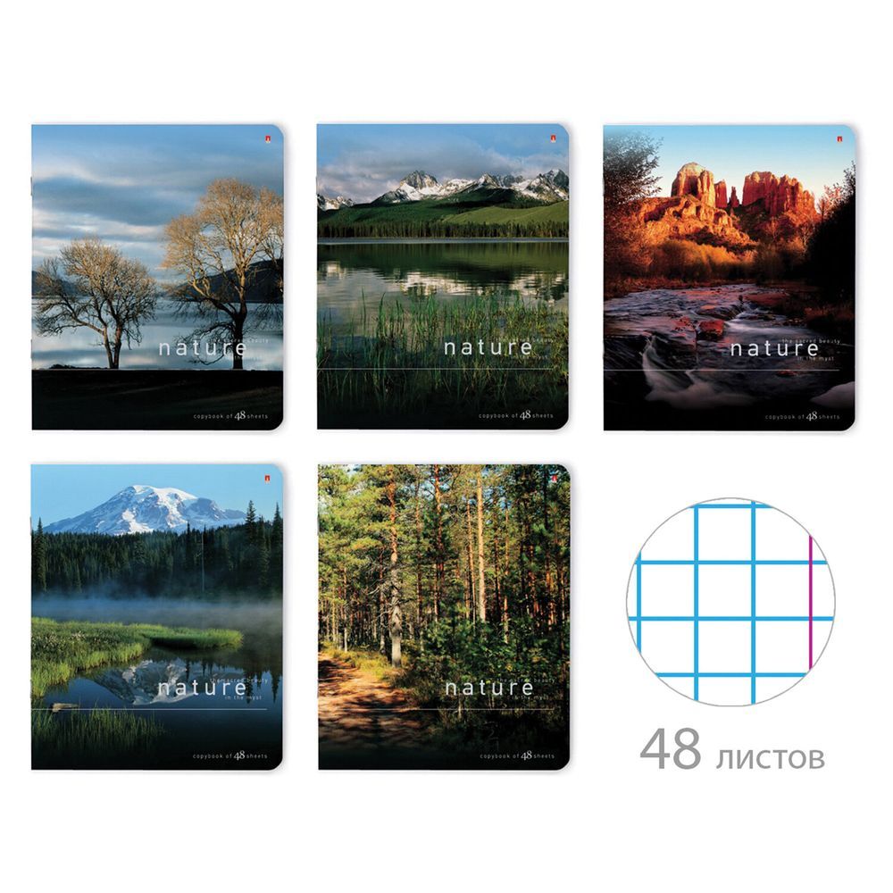 Тетрадь А5 48 л. АЛЬТ скоба, клетка, глянцевый лак, "Природа" (5 видов)