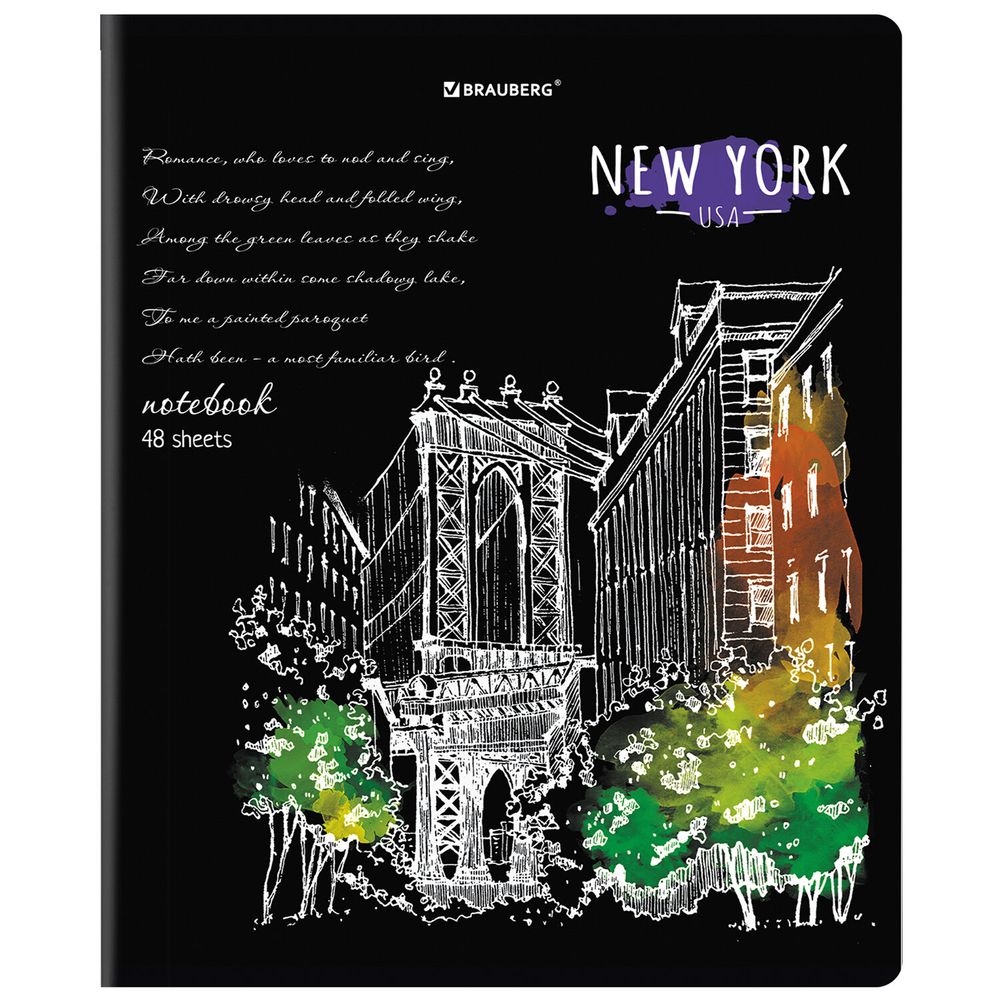 Тетрадь А5, 48 л., BRAUBERG, скоба, клетка, глянцевый лак, "Города" (микс в спайке)