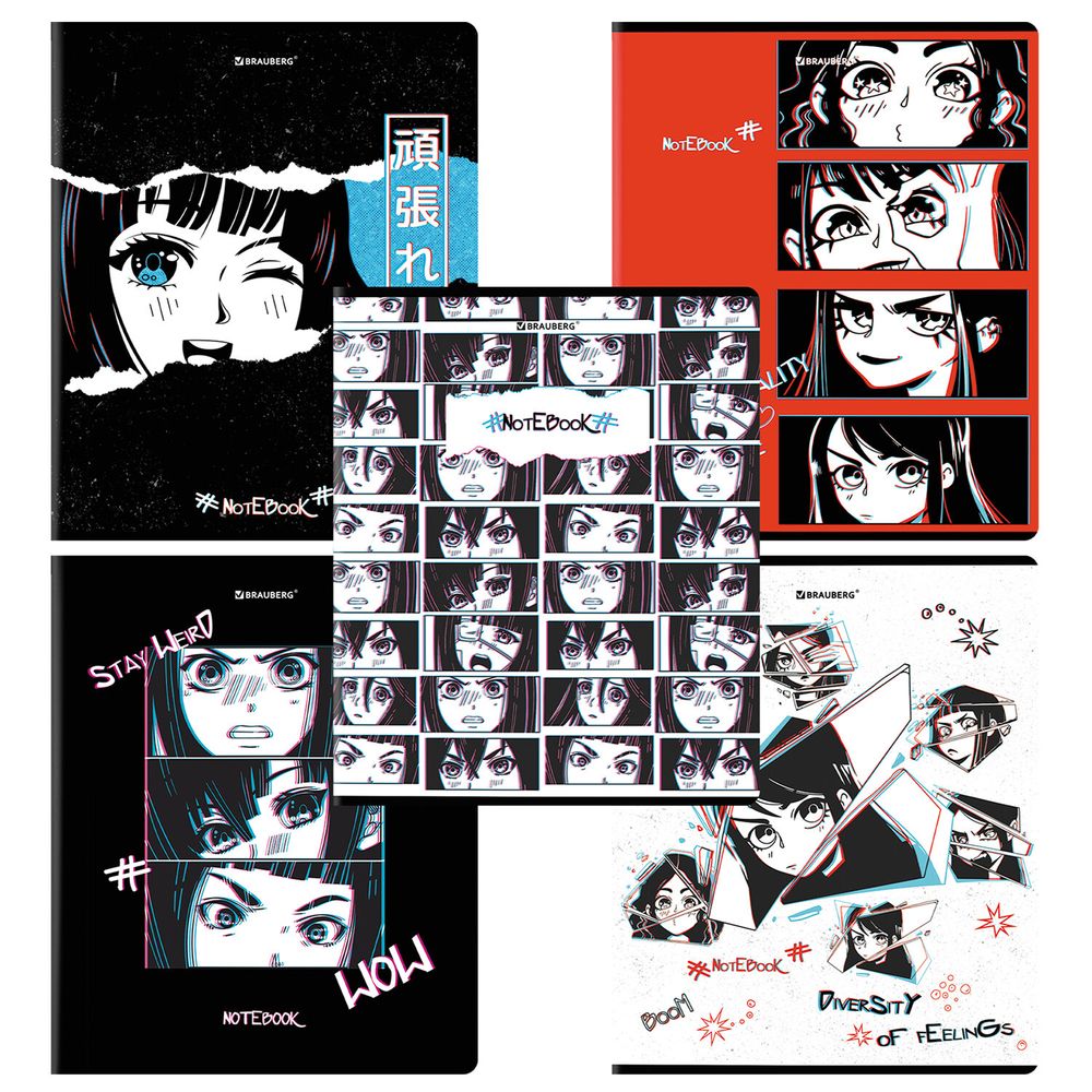 Тетрадь А5, 48 л., BRAUBERG, скоба, клетка, глянцевый лак, "Аниме" (микс в спайке)