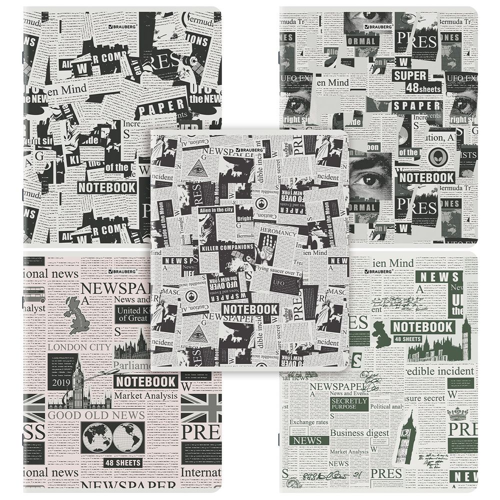 Тетрадь А5, 48 л., BRAUBERG, скоба, клетка, TWIN-лак, "Газета" (микс в спайке)