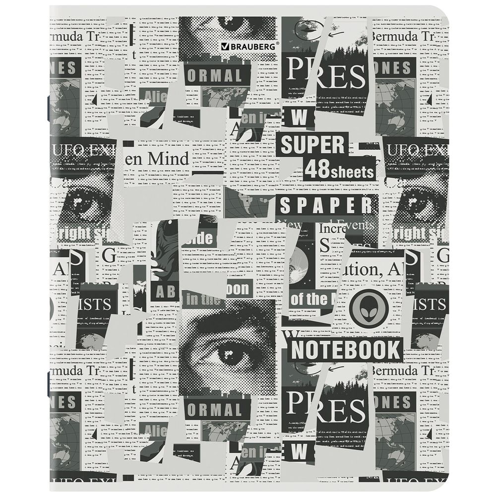 Тетрадь А5, 48 л., BRAUBERG, скоба, клетка, TWIN-лак, "Газета" (микс в спайке)