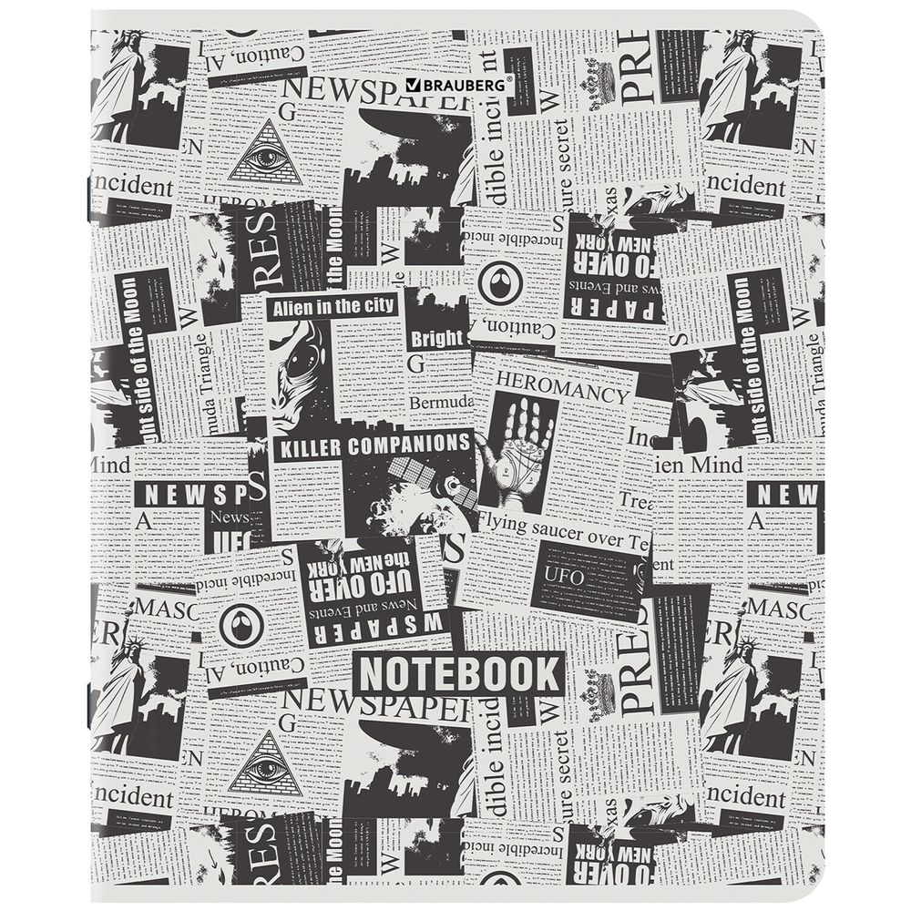 Тетрадь А5, 48 л., BRAUBERG, скоба, клетка, TWIN-лак, "Газета" (микс в спайке)