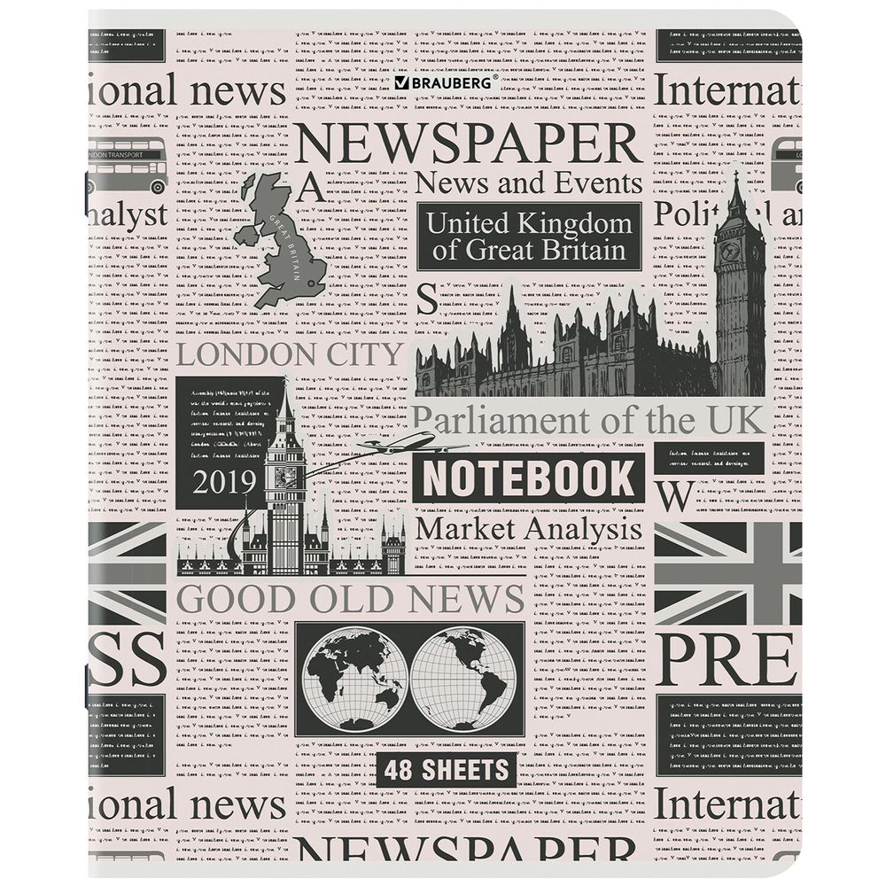 Тетрадь А5, 48 л., BRAUBERG, скоба, клетка, TWIN-лак, "Газета" (микс в спайке)