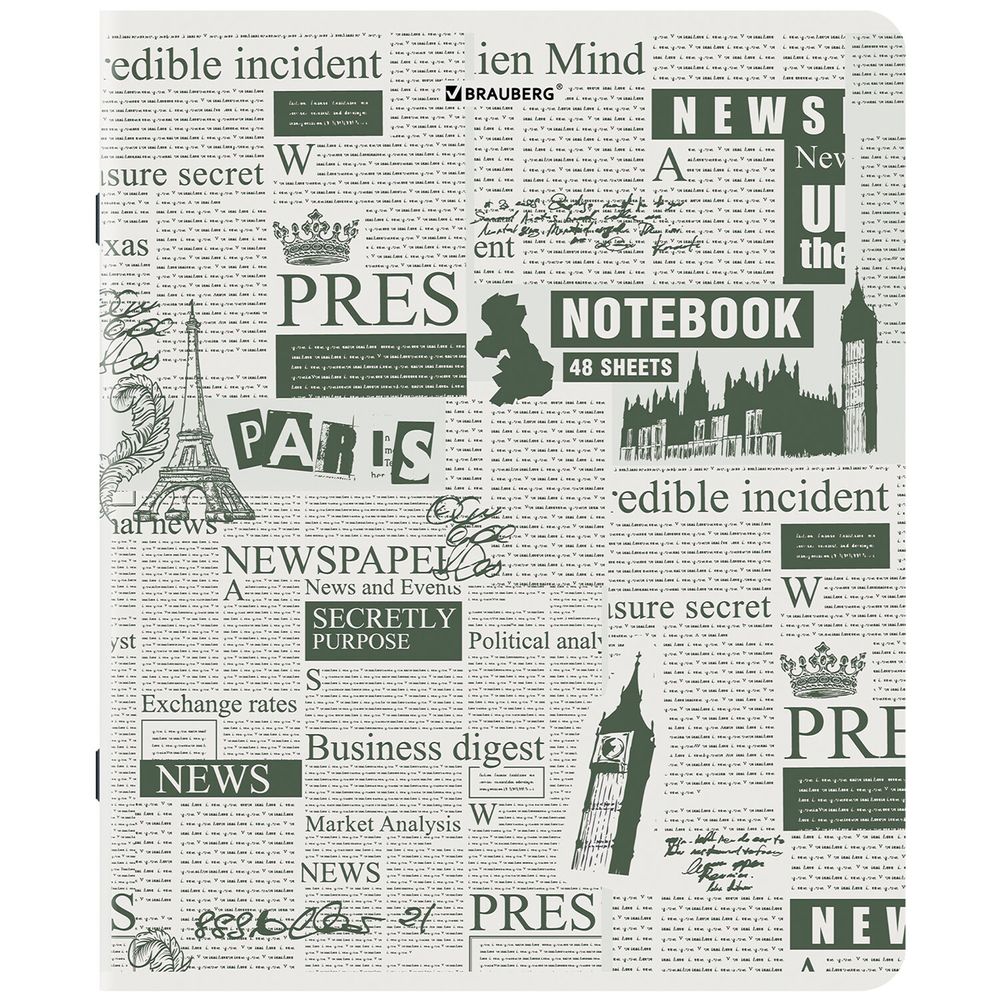 Тетрадь А5, 48 л., BRAUBERG, скоба, клетка, TWIN-лак, "Газета" (микс в спайке)
