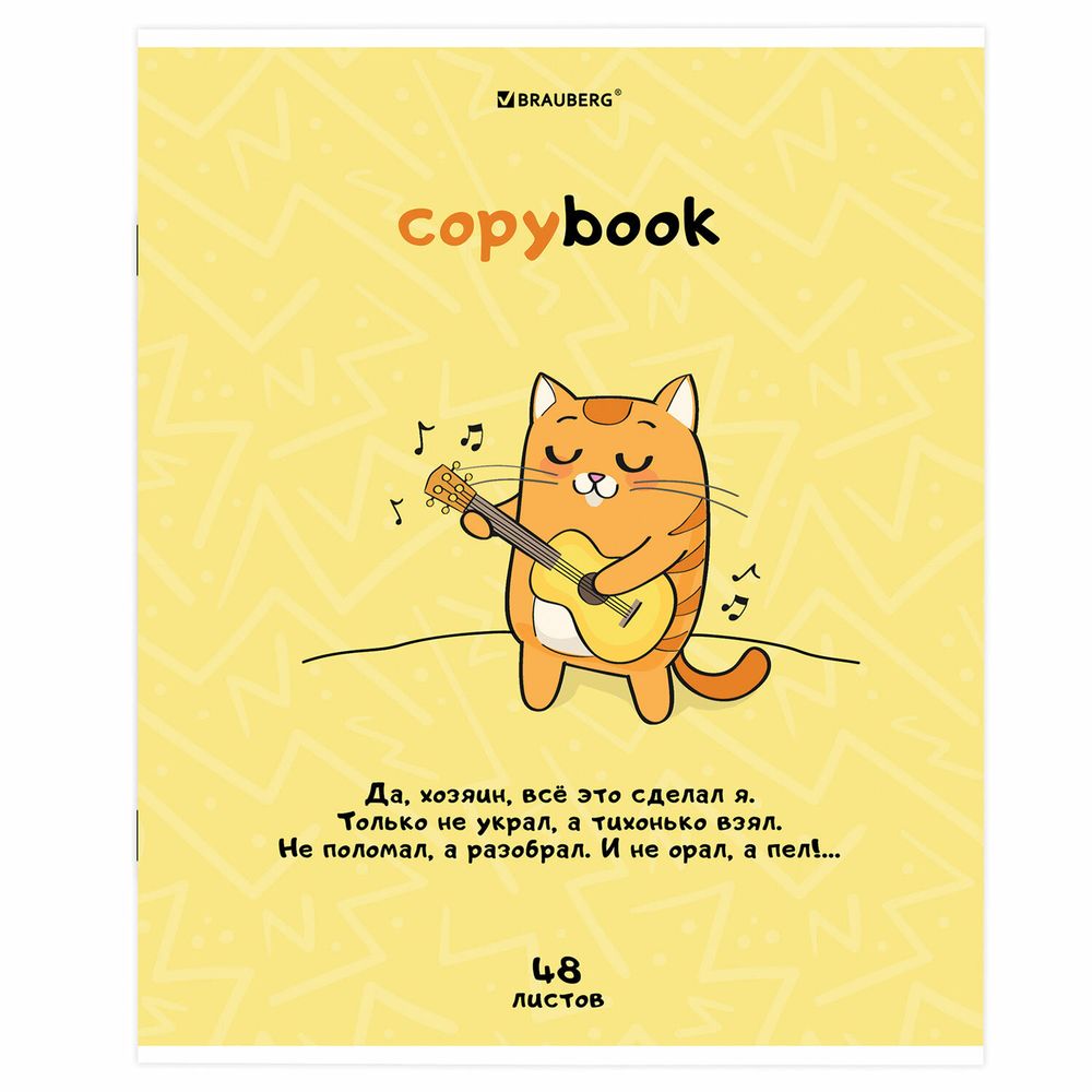Тетрадь А5, 48 л., BRAUBERG, скоба, клетка, обложка картон, "Кот-Энтузиаст" (микс в спайке)