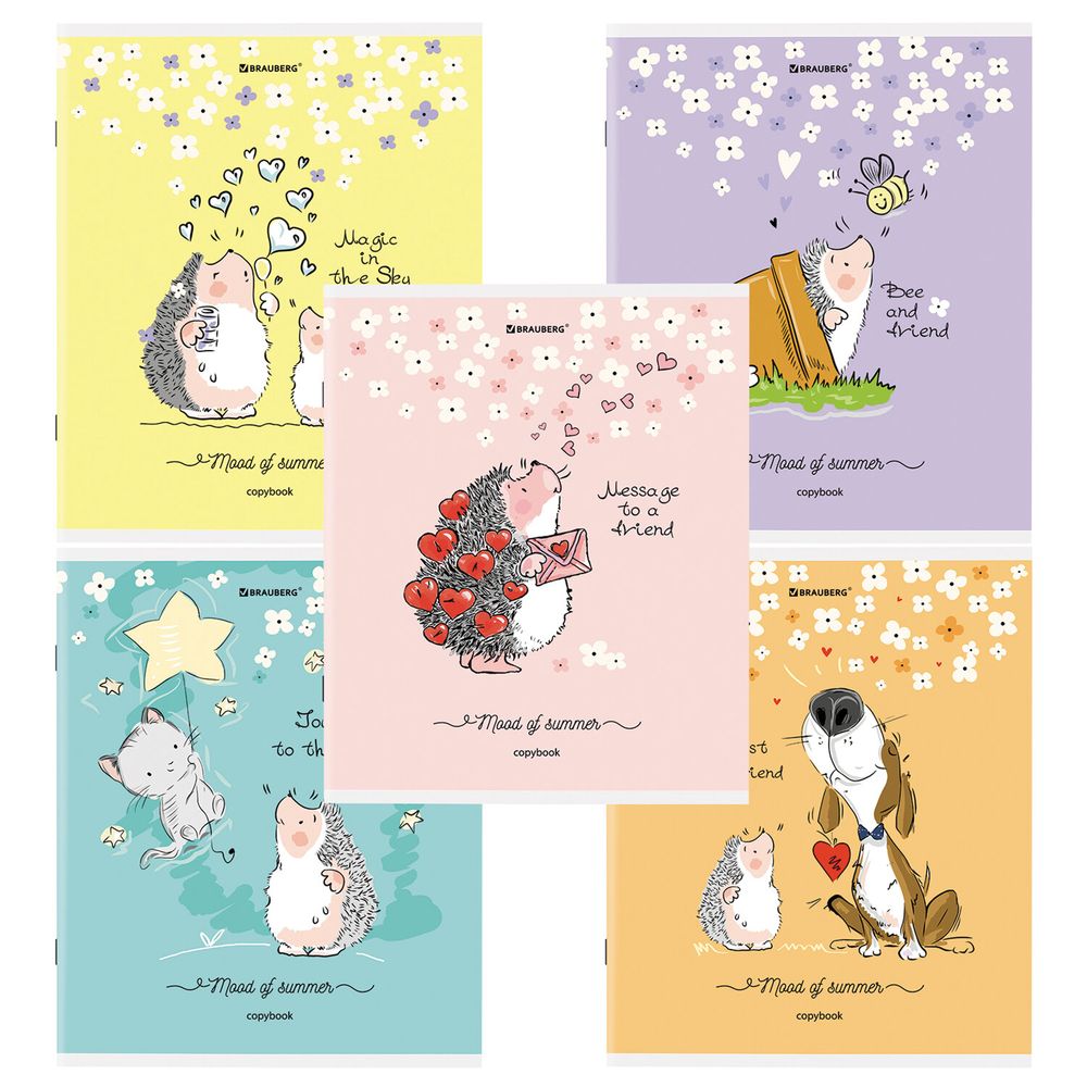 Тетрадь А5 48 л. BRAUBERG скоба, клетка, обложка картон, "Приключения Ёжика" (микс в спайке)