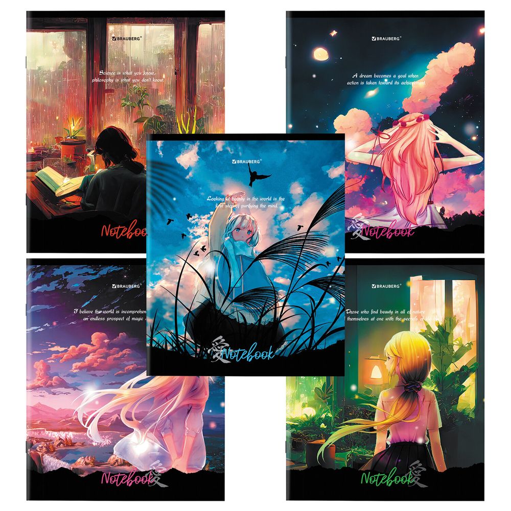 Тетрадь А5 48л. BRAUBERG скоба, клетка, обложка картон, "Anime Girls" (микс в спайке)