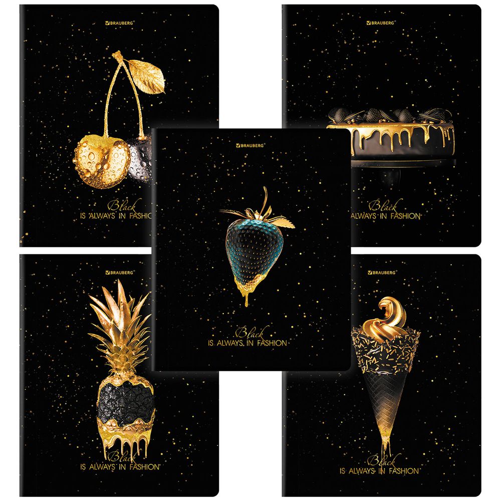 Тетрадь А5, 48 л., BRAUBERG, скоба, клетка, матовая ламинация, фольга, "Black&Gold" (микс в спайке)