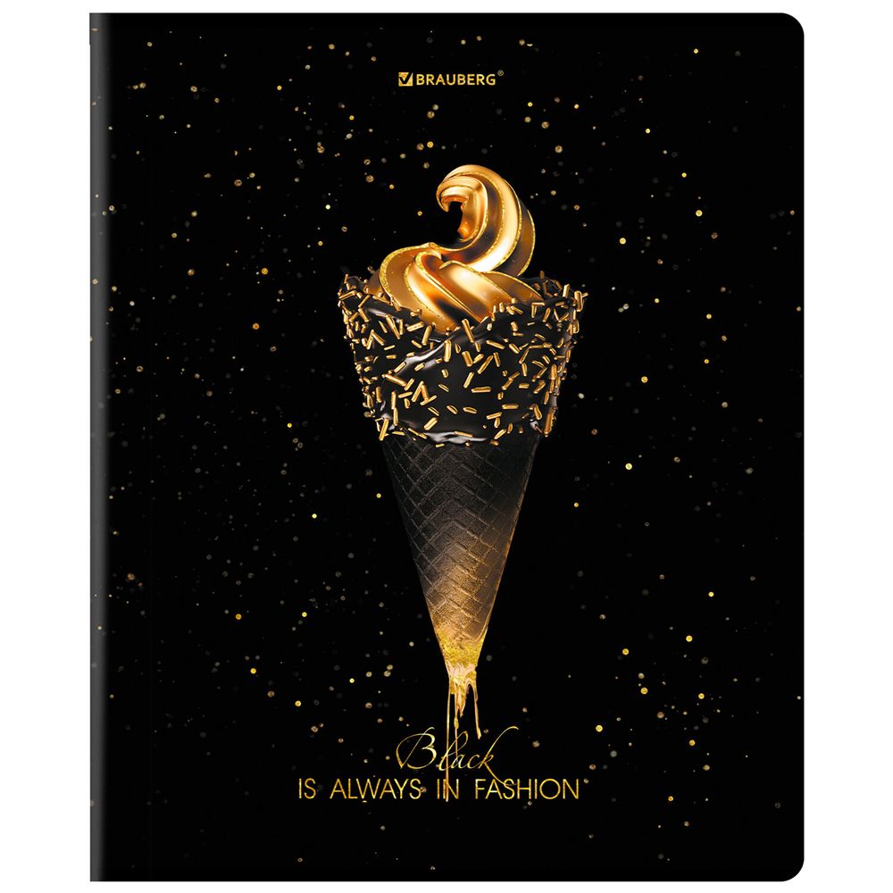 Тетрадь А5, 48 л., BRAUBERG, скоба, клетка, матовая ламинация, фольга, "Black&Gold" (микс в спайке)
