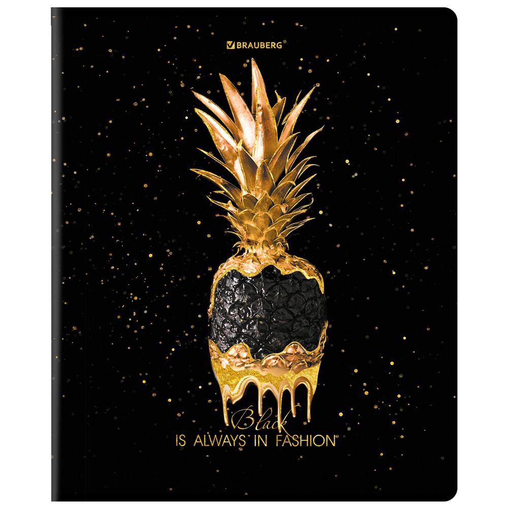 Тетрадь А5, 48 л., BRAUBERG, скоба, клетка, матовая ламинация, фольга, "Black&Gold" (микс в спайке)
