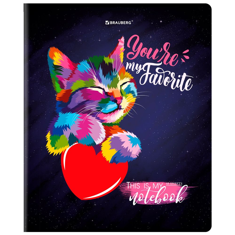 Тетрадь А5, 48 л., BRAUBERG, скоба, клетка, матовая ламинация, выборочный лак, "Animals Pop-Art" (микс в спайке)