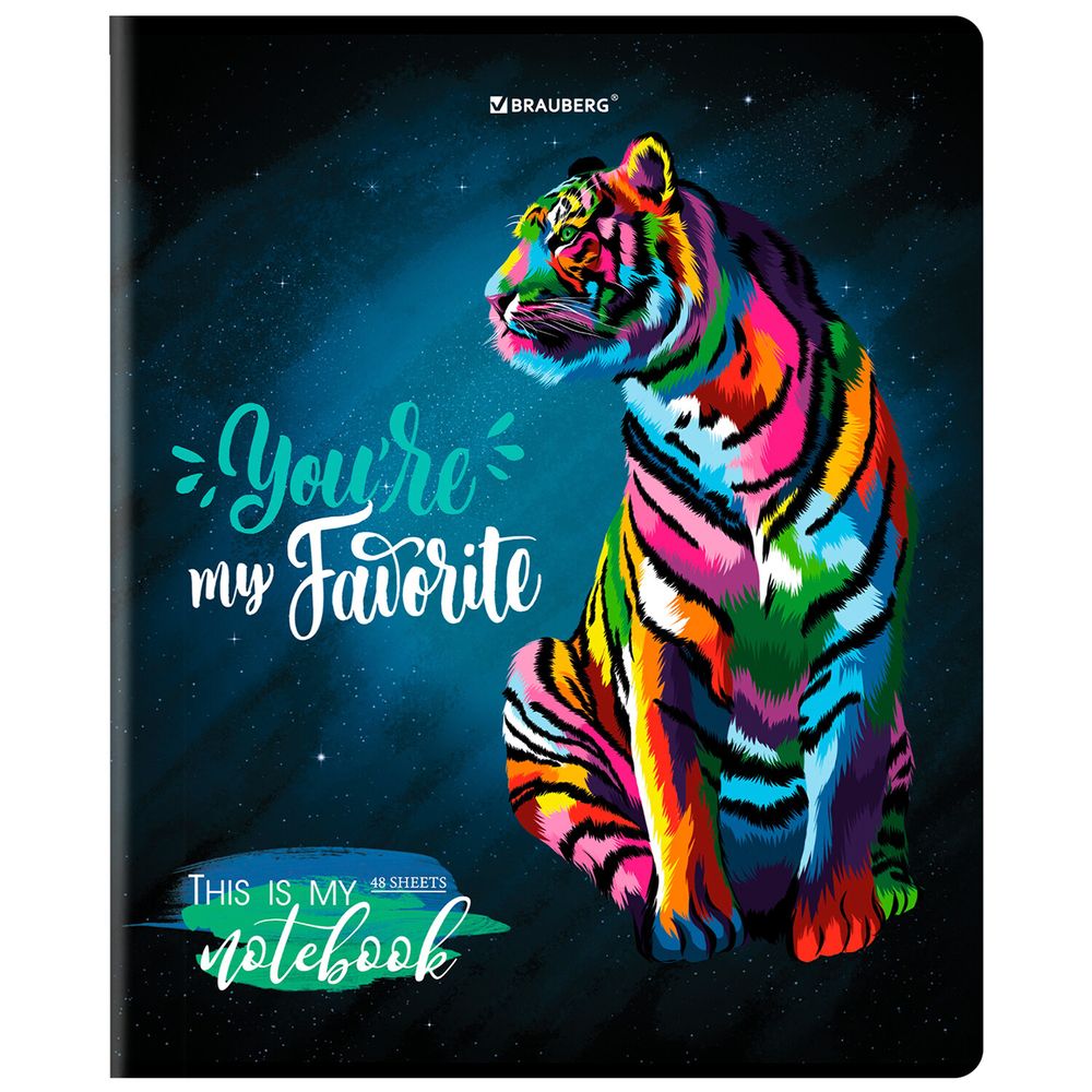 Тетрадь А5, 48 л., BRAUBERG, скоба, клетка, матовая ламинация, выборочный лак, "Animals Pop-Art" (микс в спайке)